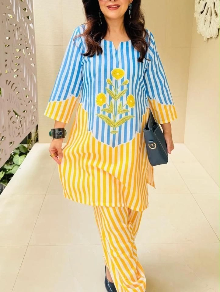 Tryloom Sunshine Stripe Cotton Co-Ord Set | Premium Floral Embroidered Kurti & Pant Set | Trendy Women's Cotton Ethnic Wear 6