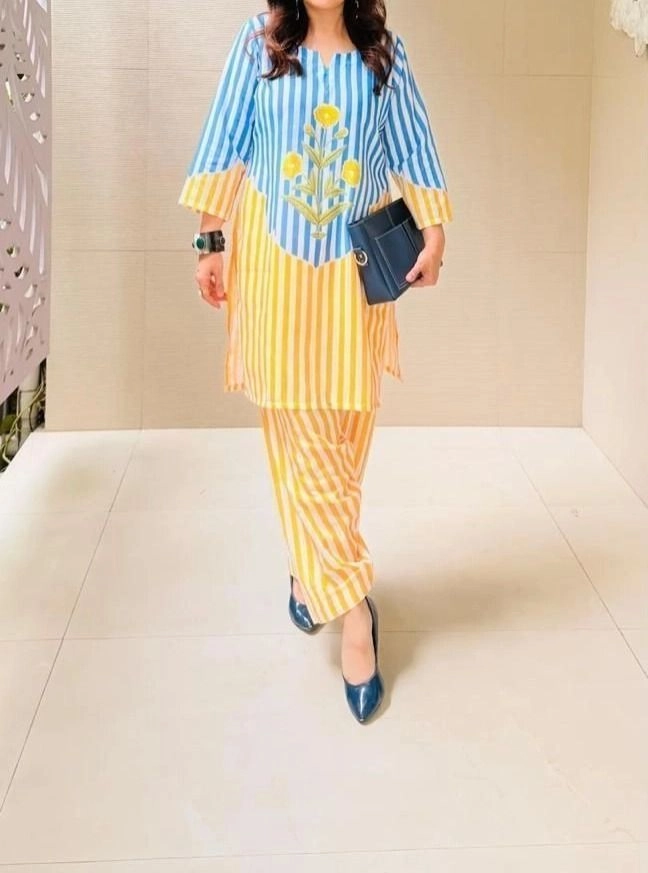Tryloom Sunshine Stripe Cotton Co-Ord Set | Premium Floral Embroidered Kurti & Pant Set | Trendy Women's Cotton Ethnic Wear 5