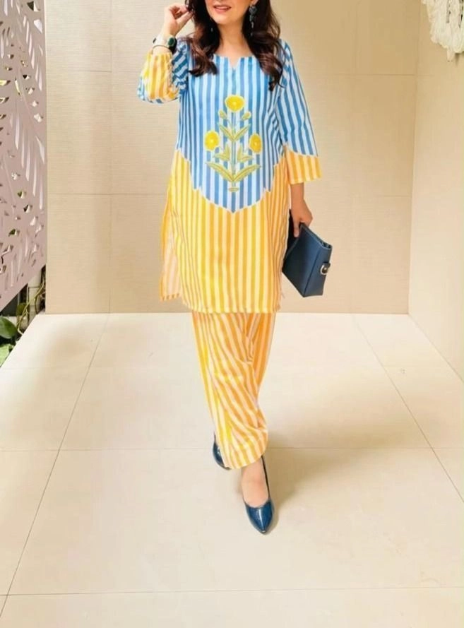 Tryloom Sunshine Stripe Cotton Co-Ord Set | Premium Floral Embroidered Kurti & Pant Set | Trendy Women's Cotton Ethnic Wear 4