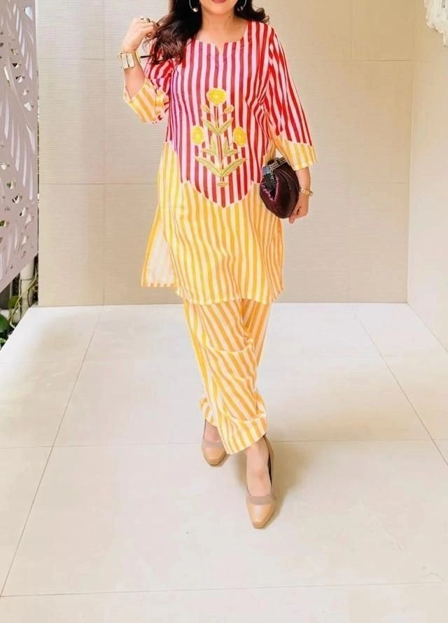 Tryloom Sunshine Stripe Cotton Co-Ord Set | Premium Floral Embroidered Kurti & Pant Set | Trendy Women's Cotton Ethnic Wear 3