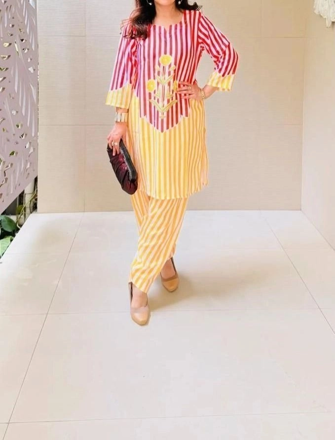 Tryloom Sunshine Stripe Cotton Co-Ord Set | Premium Floral Embroidered Kurti & Pant Set | Trendy Women's Cotton Ethnic Wear 2
