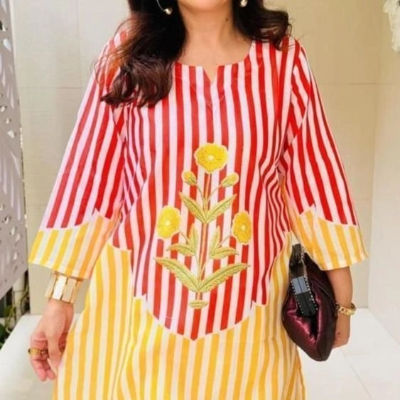 Tryloom Sunshine Stripe Cotton Co-Ord Set | Premium Floral Embroidered Kurti & Pant Set | Trendy Women's Cotton Ethnic Wear 1