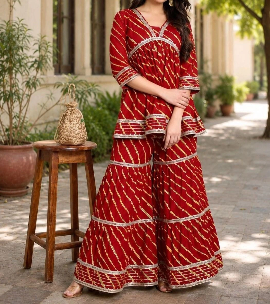 Tryloom Royal Lahriya Cotton Sharara Suit Set | Premium Festive Ethnic Co-Ord Set | Designer Kurti & Sharara Collection 1