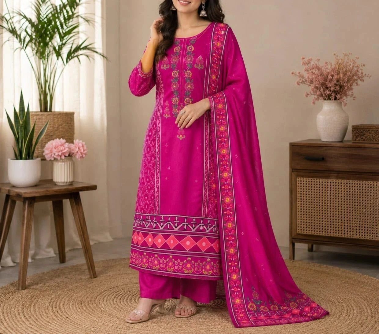 Tryloom Rani Pink Pure Muslin Designer Suit Set | Premium 3-Piece Ethnic Kurti Pant & Silk Dupatta | Festive Wear Collection 2