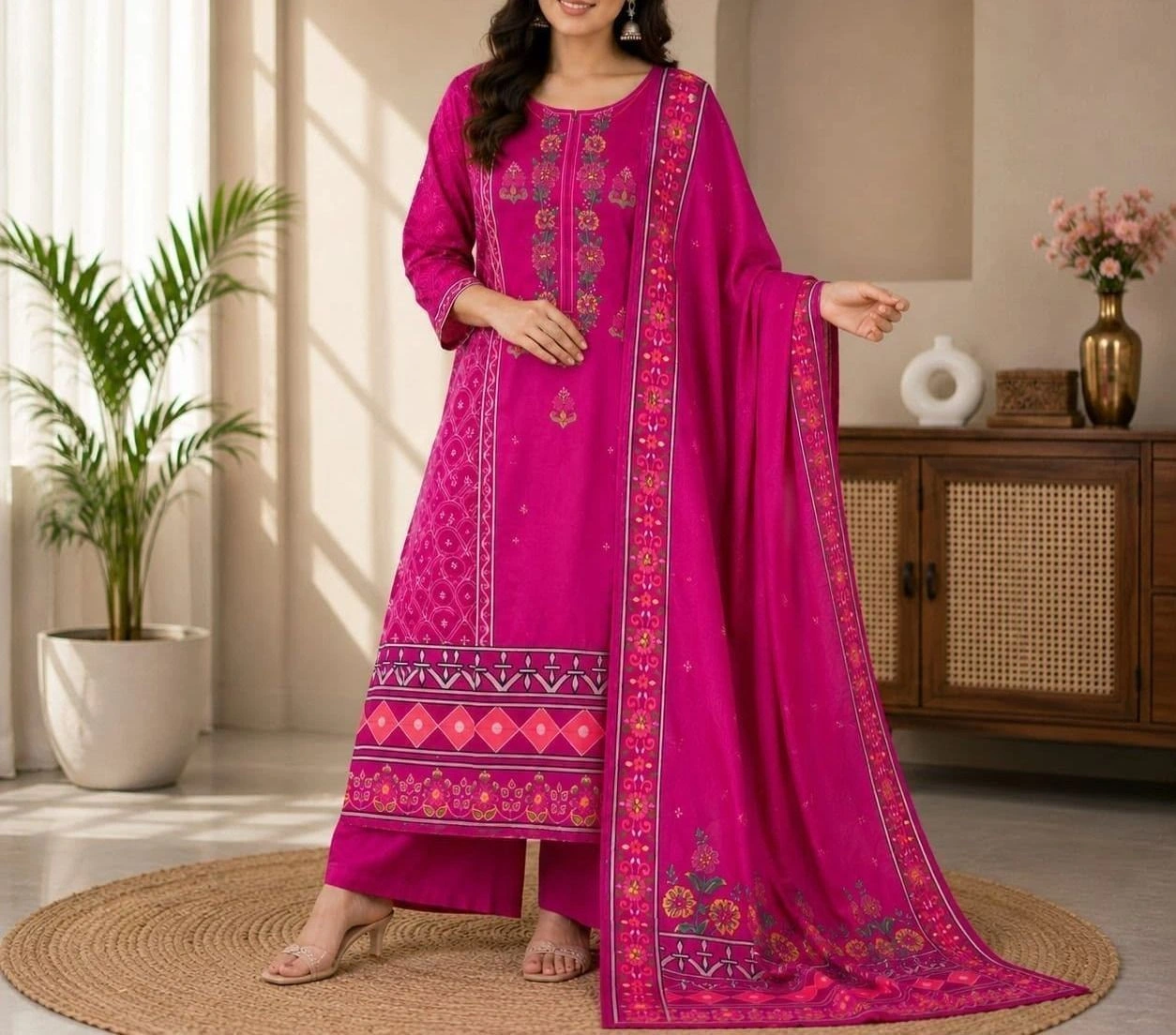 Tryloom Rani Pink Pure Muslin Designer Suit Set | Premium 3-Piece Ethnic Kurti Pant & Silk Dupatta | Festive Wear Collection 1