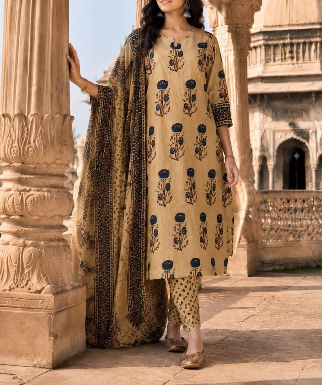 Tryloom Chiku Bloom Premium Cotton Suit Set | Floral Printed Cotton Kurti Pant & Dupatta | Elegant Ethnic Wear for Women 1
