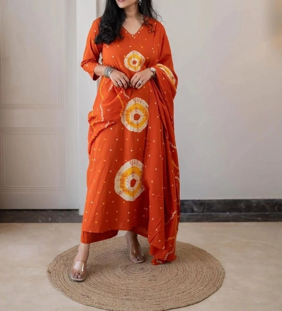 Tryloom Sunshine Aura Heavy Cotton Kurti Set | Premium Hand Work Ethnic Kurti with Pant & Cotton Dupatta | Festive & Office Wear Collection 1