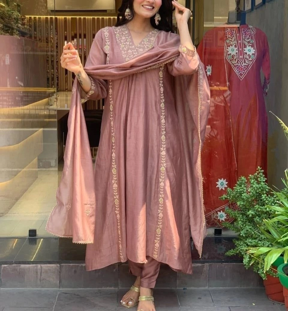 Tryloom Lizza Rosewood Premium Mul Chanderi Anarkali Suit Set | Full Embroidered Kurti Pant & Dupatta | Festive Ethnic Wear 1
