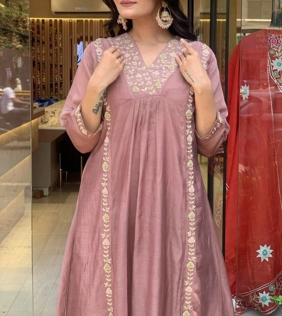 Tryloom Lizza Rosewood Premium Mul Chanderi Anarkali Suit Set | Full Embroidered Kurti Pant & Dupatta | Festive Ethnic Wear 2