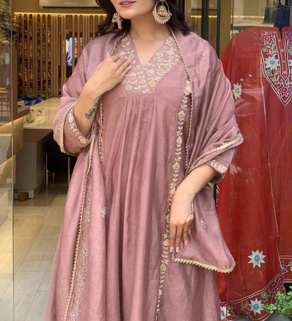 Tryloom Lizza Rosewood Premium Mul Chanderi Anarkali Suit Set | Full Embroidered Kurti Pant & Dupatta | Festive Ethnic Wear 4