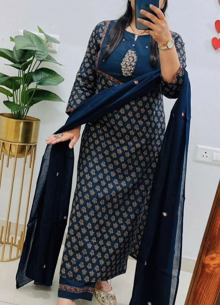 Tryloom Midnight Heritage Premium Cotton Kurti Pant Set with Fine Cotton Dupatta | Hand Embroidered Ethnic Wear | Festive & Office Collection 2