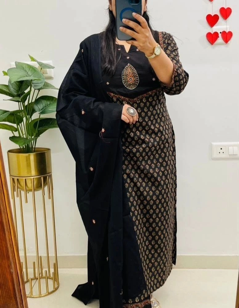 Tryloom Midnight Heritage Premium Cotton Kurti Pant Set with Fine Cotton Dupatta | Hand Embroidered Ethnic Wear | Festive & Office Collection 1