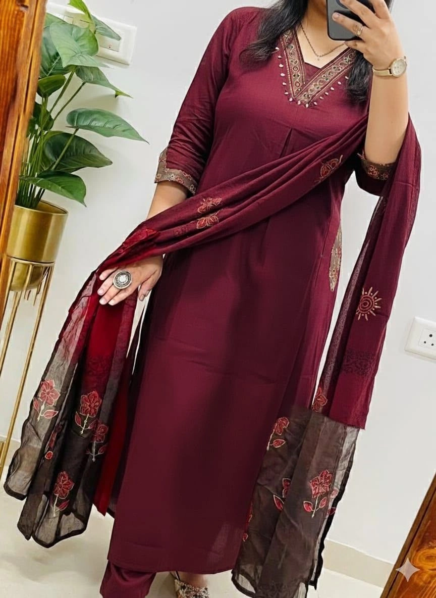 Tryloom Royal Heritage Premium Cotton Kurti Pant Set with Printed Mulmul Dupatta | Embroidered Ethnic Wear | Festive & Office Collection 2