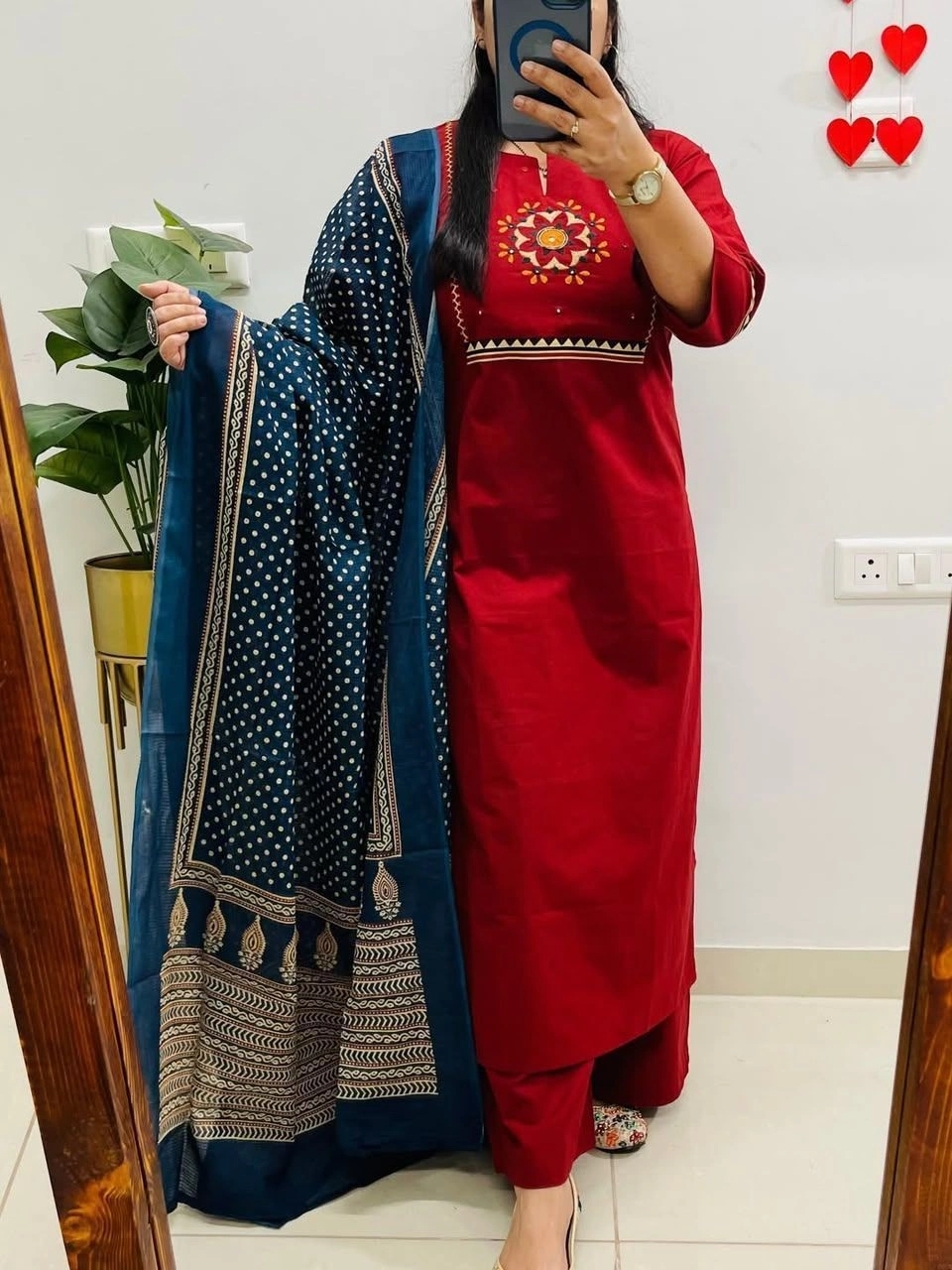 Tryloom Ruby Royale Premium Cotton Kurti Pant Set with Mulmul Dupatta | Embroidered Ethnic Wear | Festival & Office Wear Collection 1