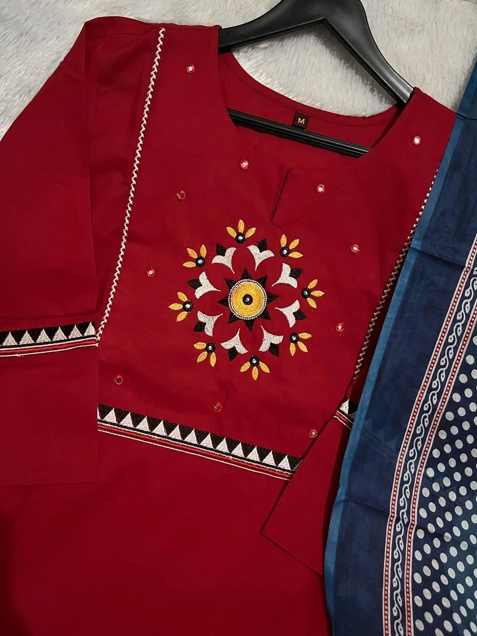 Tryloom Ruby Royale Premium Cotton Kurti Pant Set with Mulmul Dupatta | Embroidered Ethnic Wear | Festival & Office Wear Collection 2