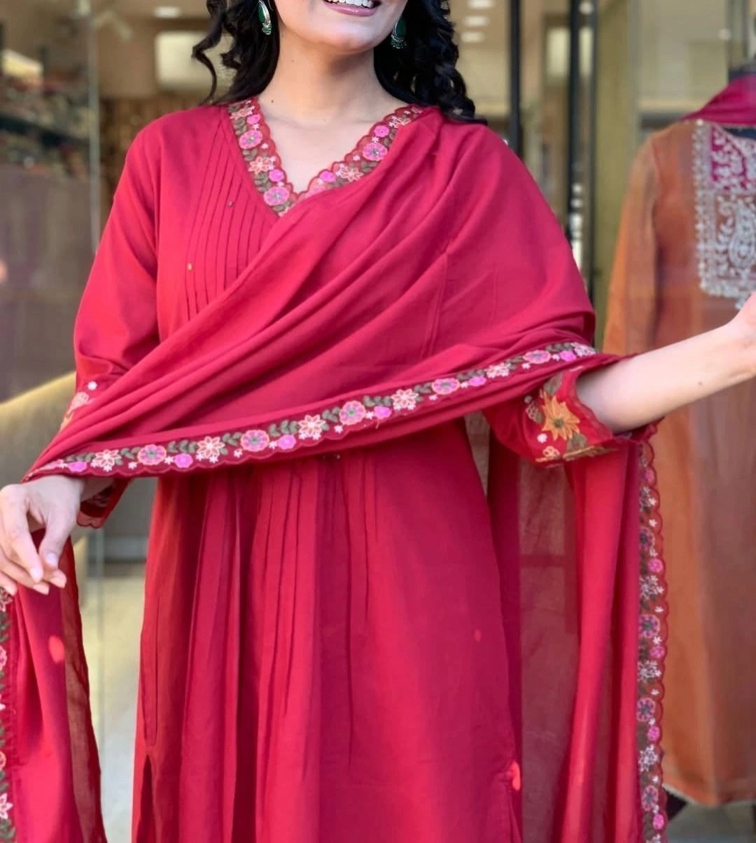 Tryloom Ruby Bloom Premium Pure Cotton Embroidered Kurti Pant & Malmal Dupatta Set | Designer Ethnic Suit for Women | Festive & Office Wear Collection 2