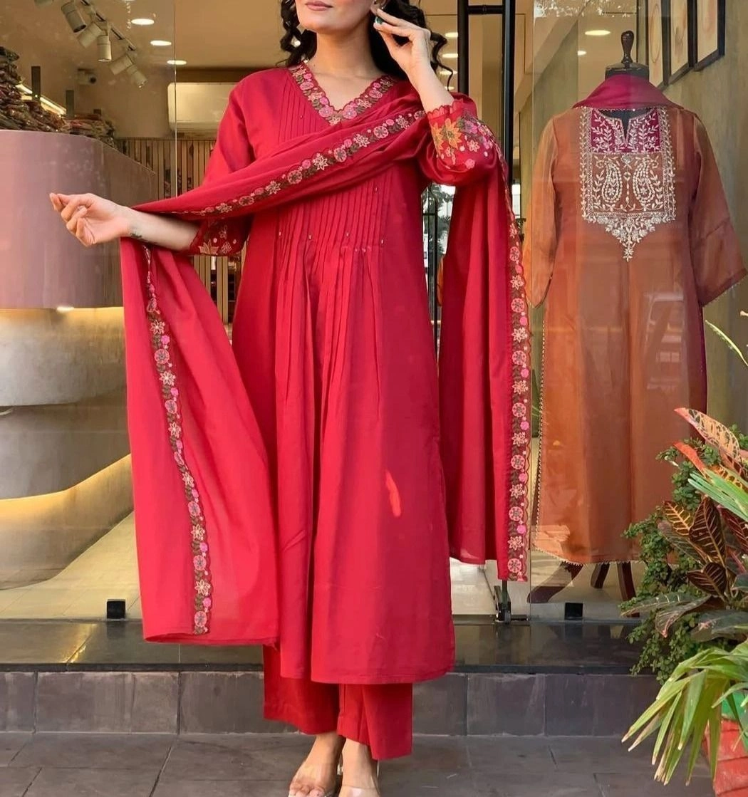 Tryloom Ruby Bloom Premium Pure Cotton Embroidered Kurti Pant & Malmal Dupatta Set | Designer Ethnic Suit for Women | Festive & Office Wear Collection 1