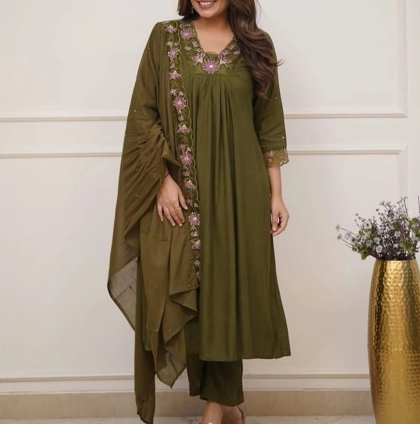 Tryloom Premium Pure Cotton Embroidered Kurti Pant & Malmal Dupatta Set | Designer Ethnic Wear for Women | Festive & Office Wear Collection 2