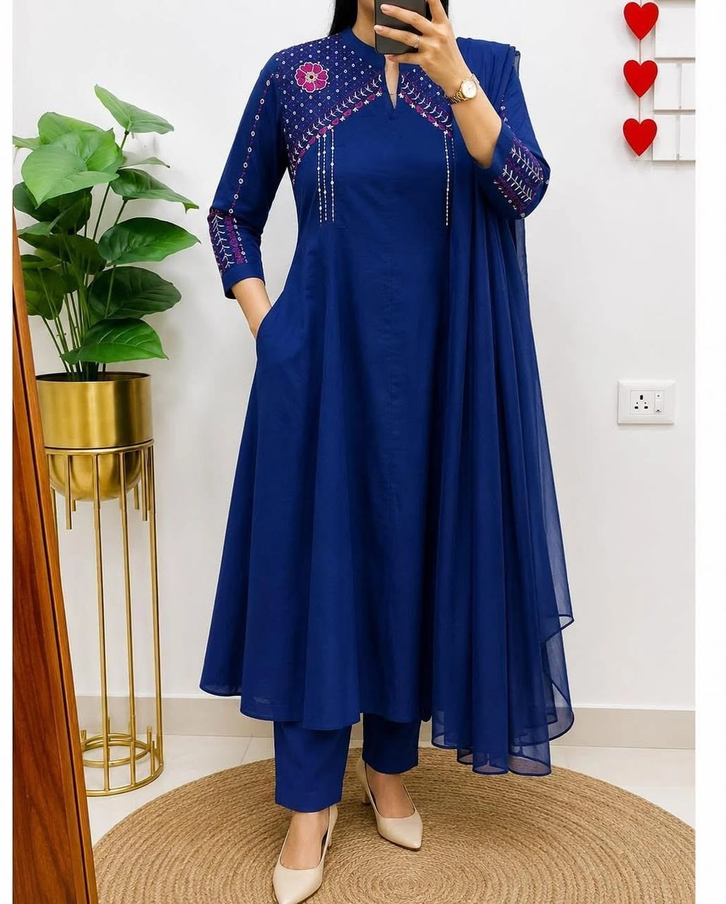 Tryloom Ashna Noir Royal Blue Cotton Anarkali Suit Set | Premium Embroidered Party Wear Kurti with Pant & Dupatta | Wedding Special Collection 1