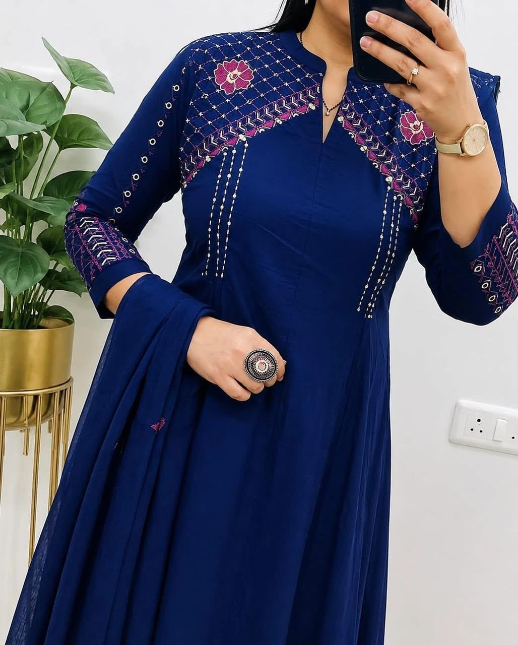 Tryloom Ashna Noir Royal Blue Cotton Anarkali Suit Set | Premium Embroidered Party Wear Kurti with Pant & Dupatta | Wedding Special Collection 2
