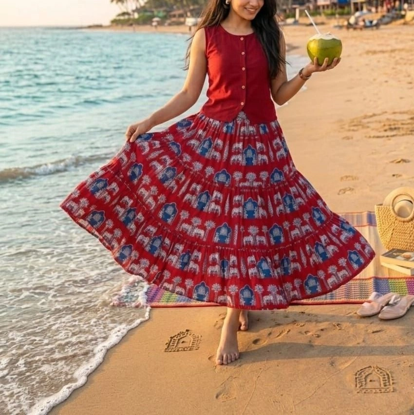 Tryloom Premium Cotton Crop Top & Flared Skirt Co-Ord Set | Elegant Sleeveless Ethnic Cotton Dress | Women's Designer Summer Outfit 3
