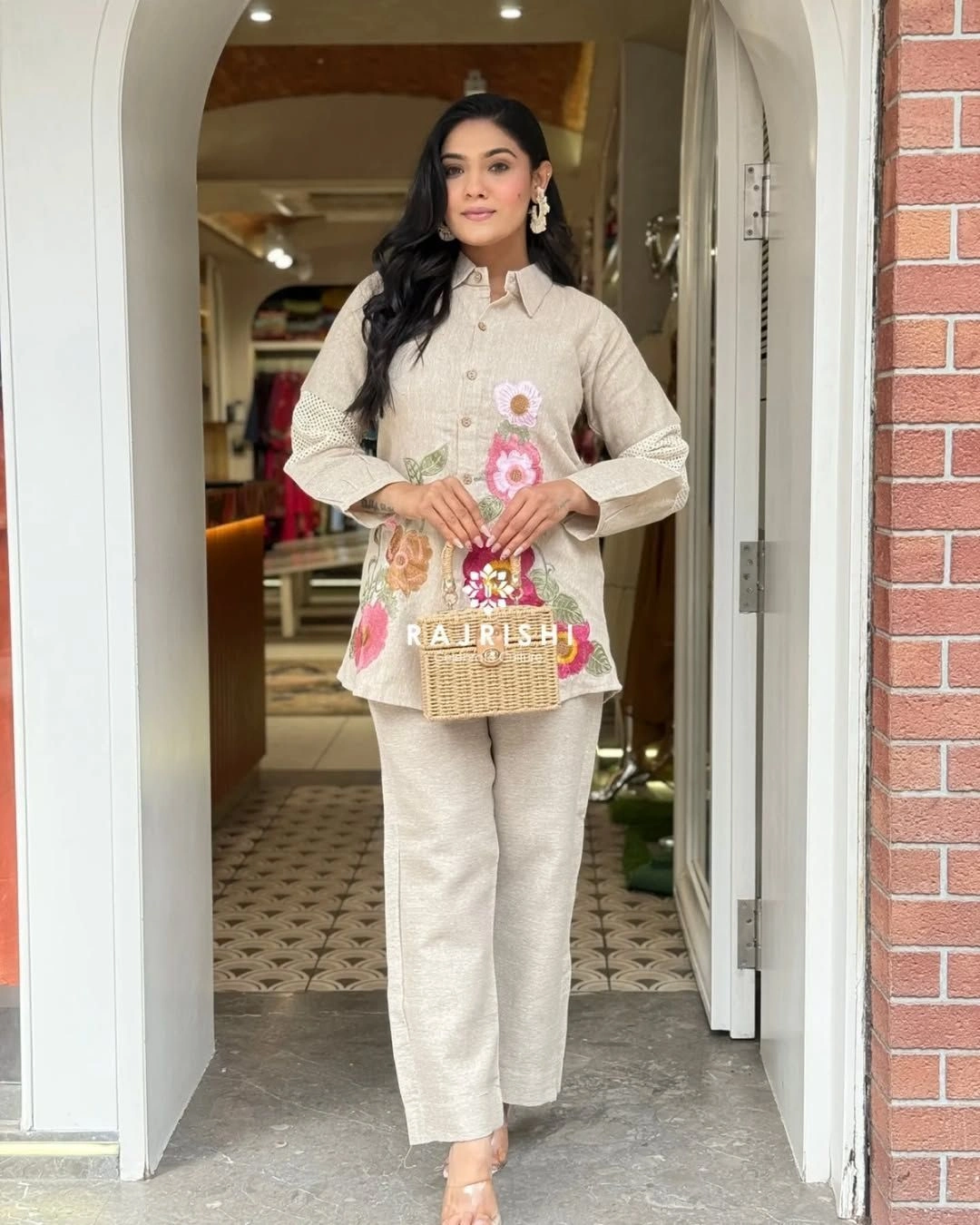 Tryloom Premium Floral Embroidered Cotton Flex Co-ord Set | Designer Jute Look Shirt & Pant Set for Women | Luxury Ethnic Casual Wear 1