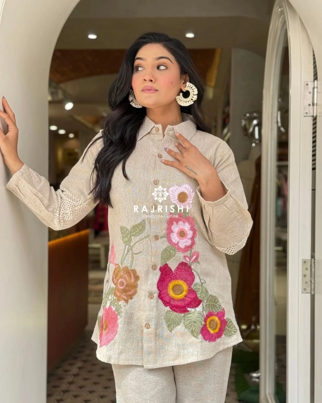 Tryloom Premium Floral Embroidered Cotton Flex Co-ord Set | Designer Jute Look Shirt & Pant Set for Women | Luxury Ethnic Casual Wear 2