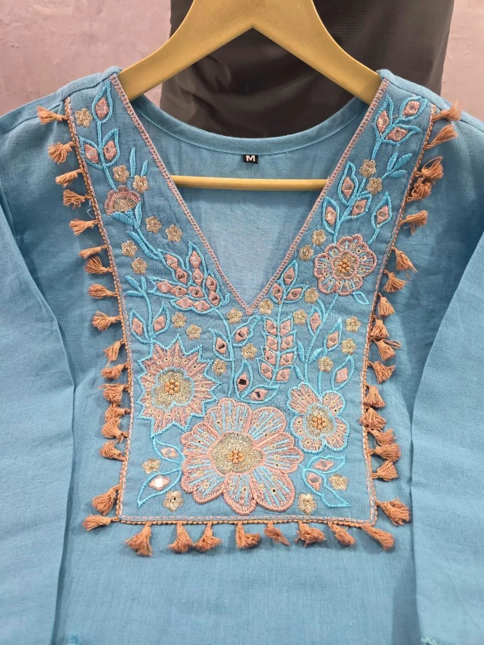 Tryloom Sky Blue Premium Angrakha Rayon Cotton Suit Set with Soft Muslin Dupatta | Designer Embroidered Kurti Pant Set for Women 6