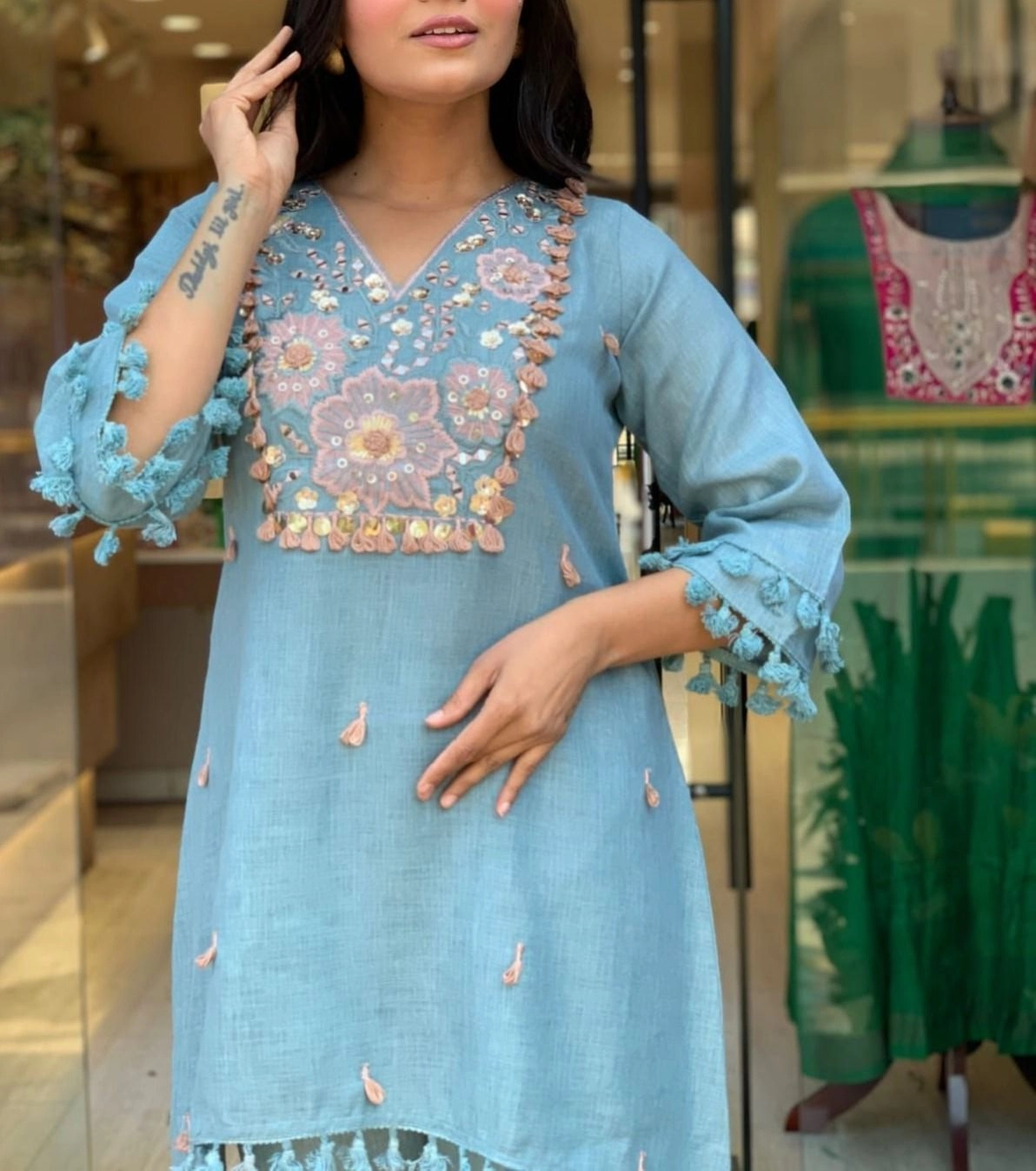Tryloom Sky Blue Premium Angrakha Rayon Cotton Suit Set with Soft Muslin Dupatta | Designer Embroidered Kurti Pant Set for Women 5