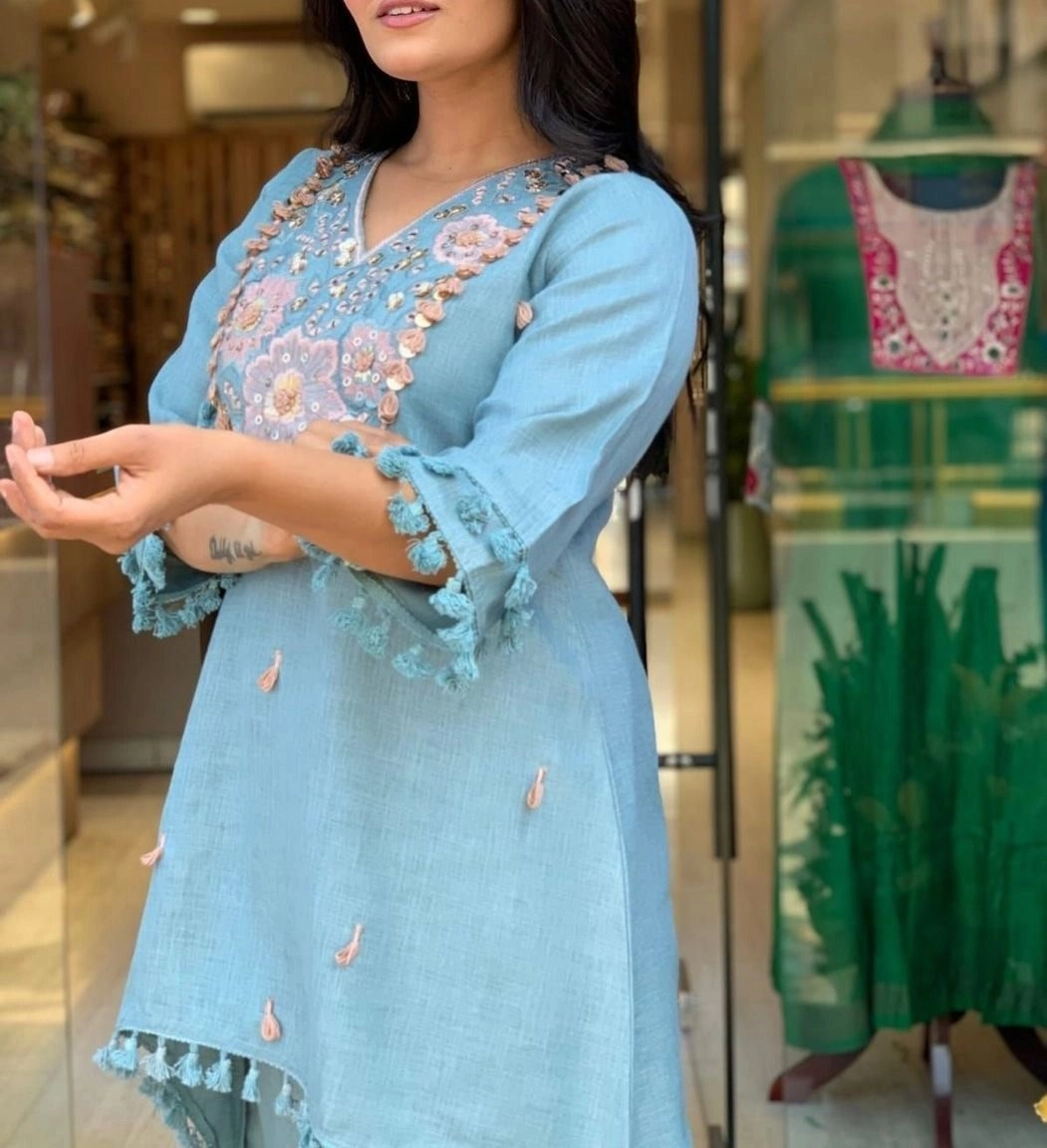 Tryloom Sky Blue Premium Angrakha Rayon Cotton Suit Set with Soft Muslin Dupatta | Designer Embroidered Kurti Pant Set for Women 4
