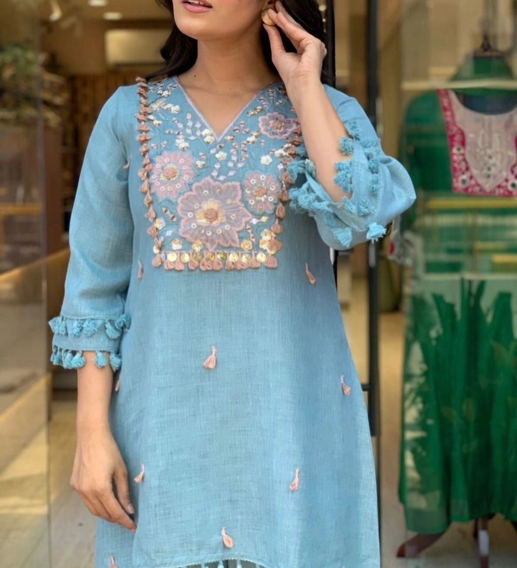 Tryloom Sky Blue Premium Angrakha Rayon Cotton Suit Set with Soft Muslin Dupatta | Designer Embroidered Kurti Pant Set for Women 3