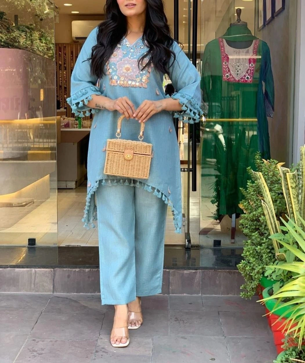 Tryloom Sky Blue Premium Angrakha Rayon Cotton Suit Set with Soft Muslin Dupatta | Designer Embroidered Kurti Pant Set for Women 2