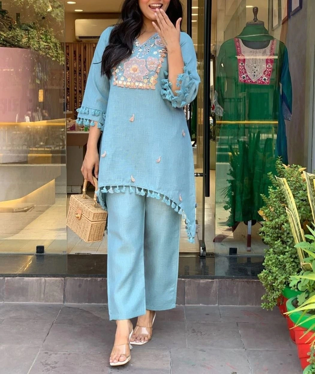 Tryloom Sky Blue Premium Angrakha Rayon Cotton Suit Set with Soft Muslin Dupatta | Designer Embroidered Kurti Pant Set for Women 1