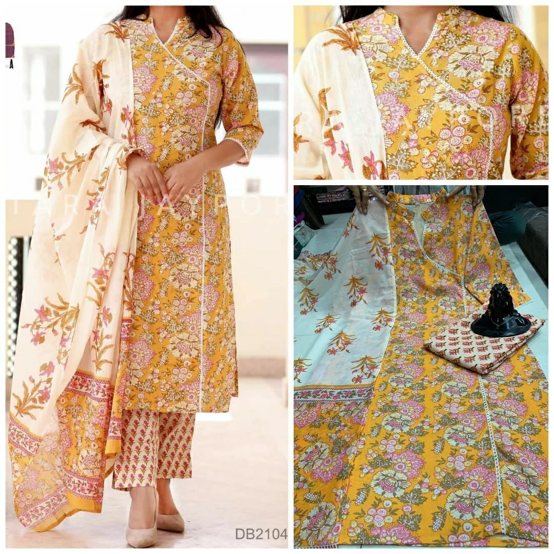 Tryloom Premium Angrakha Rayon Cotton Suit Set – Floral Designer Kurti, Pant & Soft Muslin Dupatta | Festive Ethnic Wear for Women 1