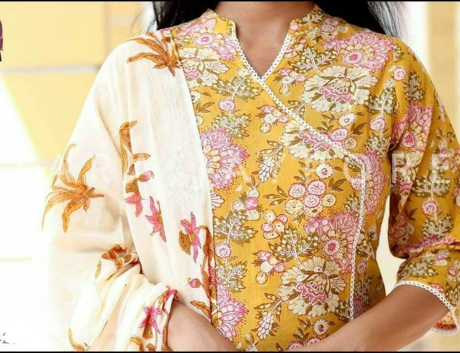 Tryloom Premium Angrakha Rayon Cotton Suit Set – Floral Designer Kurti, Pant & Soft Muslin Dupatta | Festive Ethnic Wear for Women 2