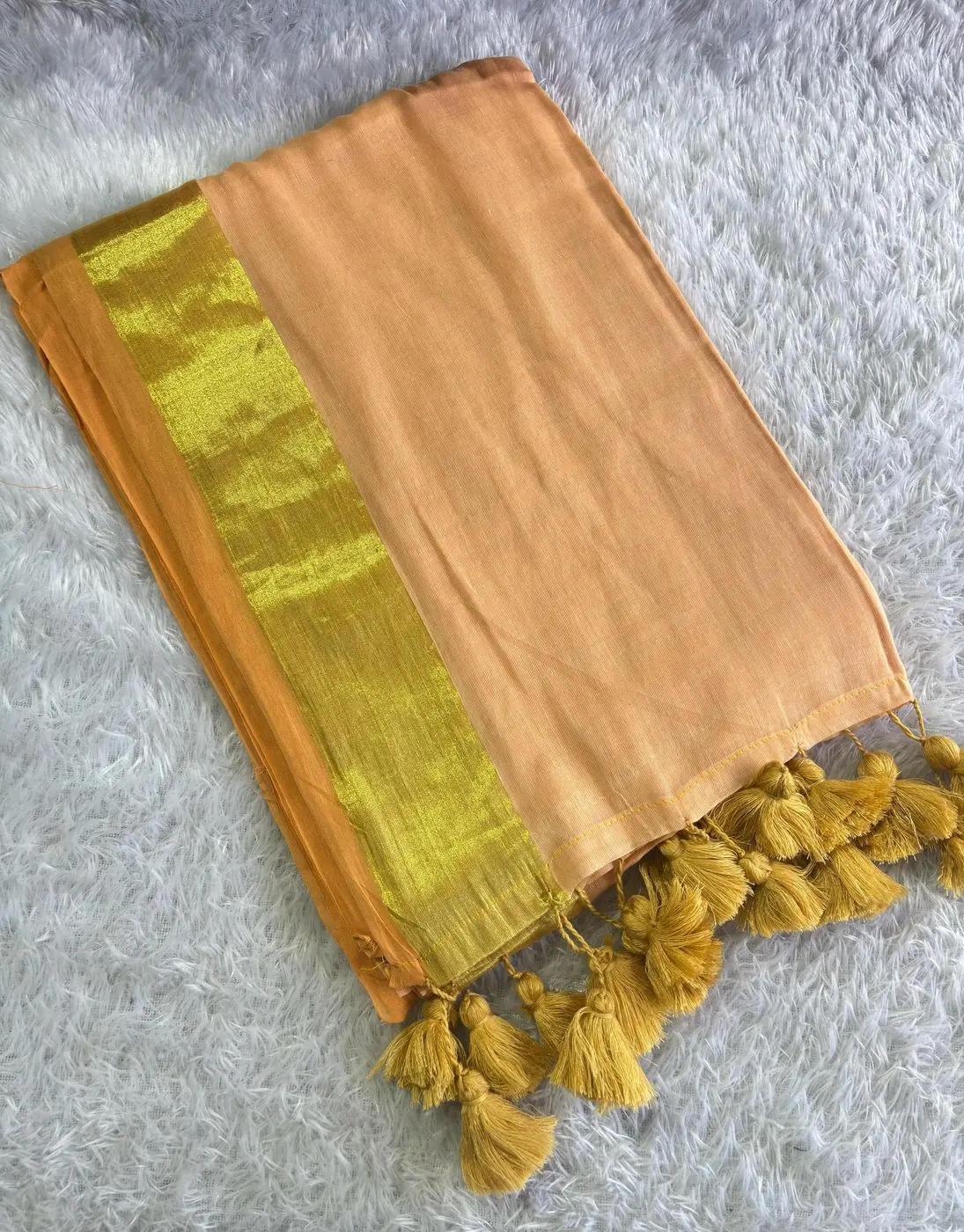 Tryloom Anna Ben Inspired Peach Gold Border 120s Mul Mul Cotton Saree | Premium Kerala Traditional Soft Cotton Saree with Golden Zari Border & Tassels 2