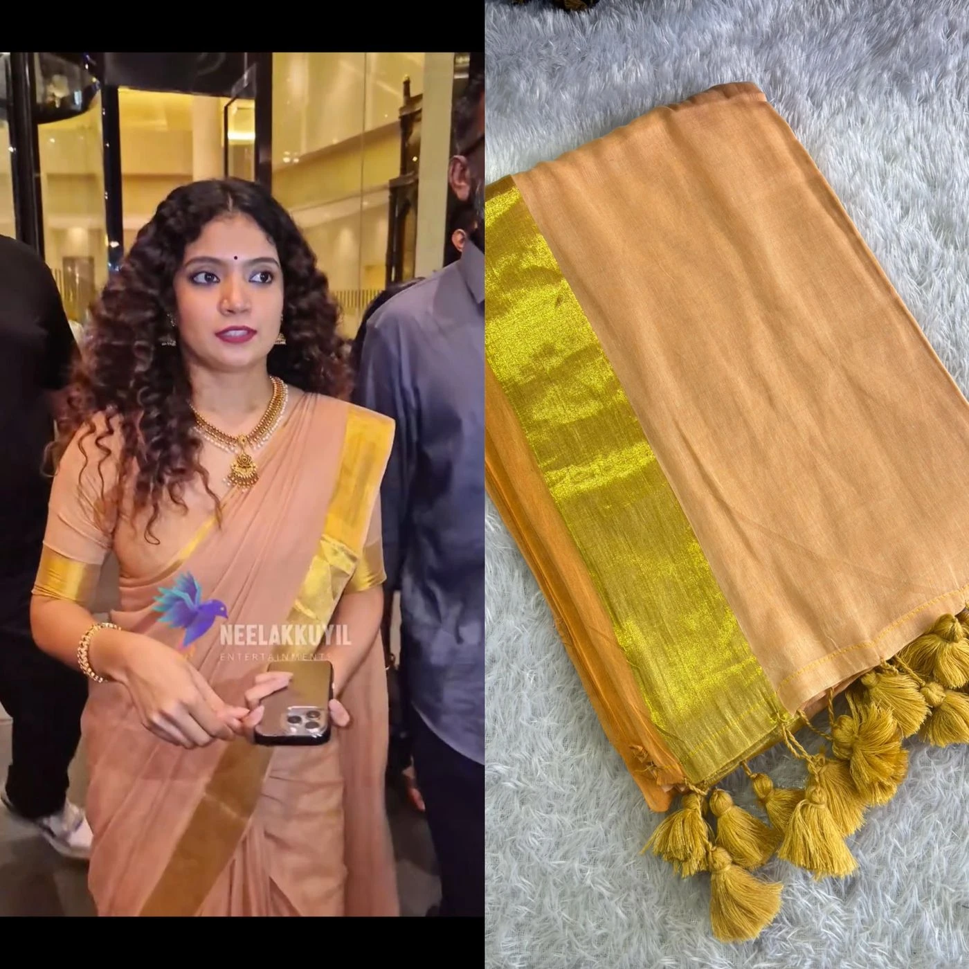 Tryloom Anna Ben Inspired Peach Gold Border 120s Mul Mul Cotton Saree | Premium Kerala Traditional Soft Cotton Saree with Golden Zari Border & Tassels 1