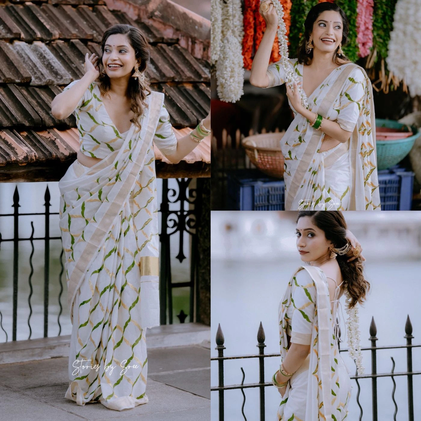 Tryloom Olive Chain Premium Cotton Saree | Elegant Kerala White Cotton Saree with Olive Green Chain Print & Golden Zari Border | Designer Festive Saree 1