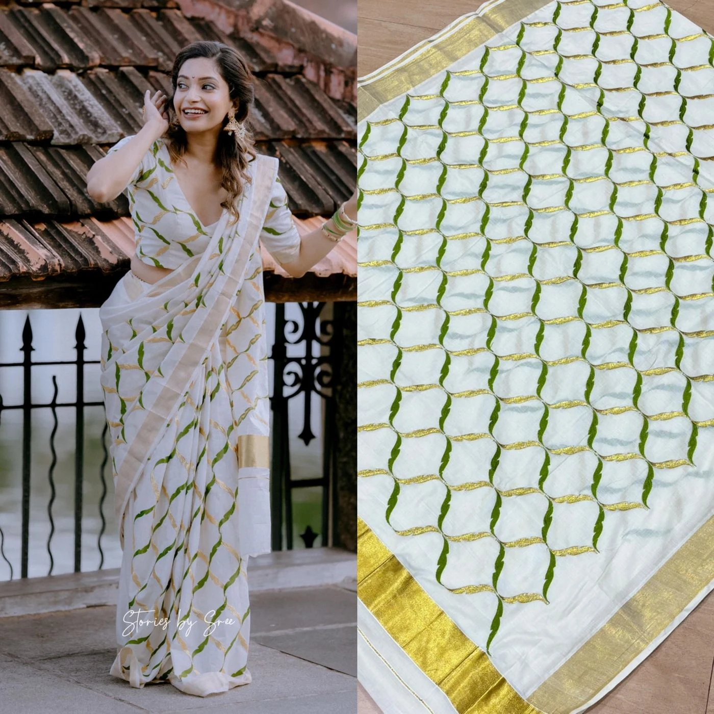 Tryloom Olive Chain Premium Cotton Saree | Elegant Kerala White Cotton Saree with Olive Green Chain Print & Golden Zari Border | Designer Festive Saree 6