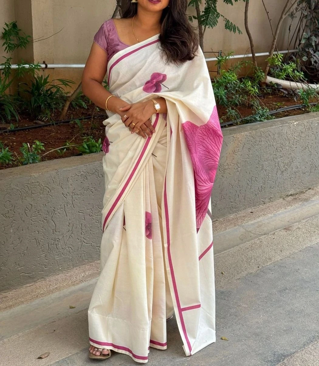 Tryloom Pink Blossom Premium Digital Printed Cotton Saree | Elegant Floral Cotton Saree | Kerala Traditional & Office Wear Collection 1