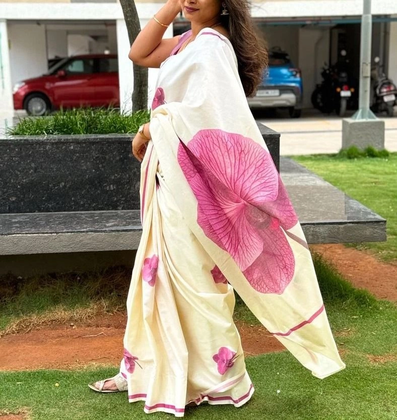Tryloom Pink Blossom Premium Digital Printed Cotton Saree | Elegant Floral Cotton Saree | Kerala Traditional & Office Wear Collection 2