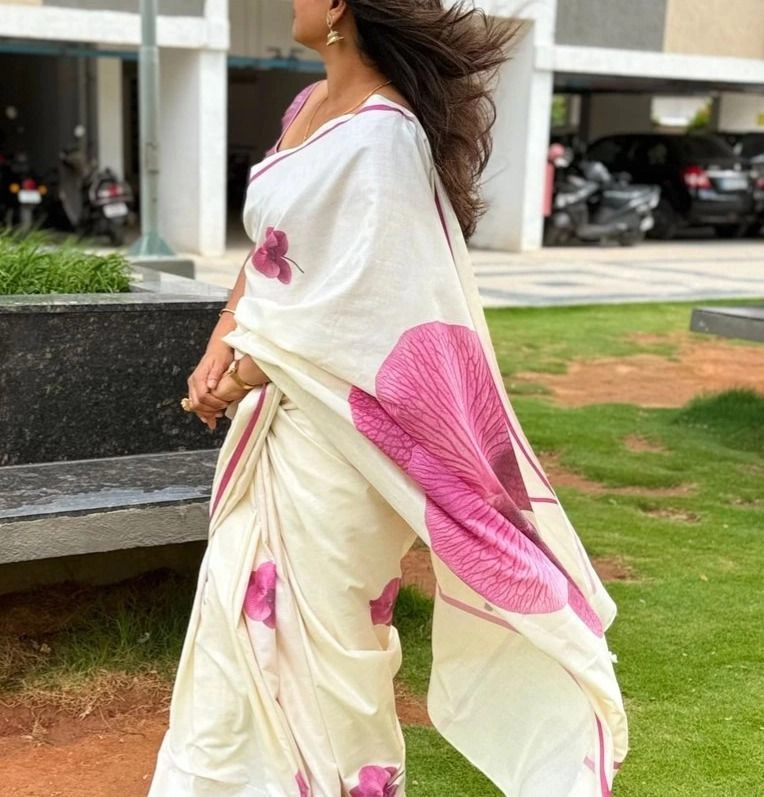Tryloom Pink Blossom Premium Digital Printed Cotton Saree | Elegant Floral Cotton Saree | Kerala Traditional & Office Wear Collection 3