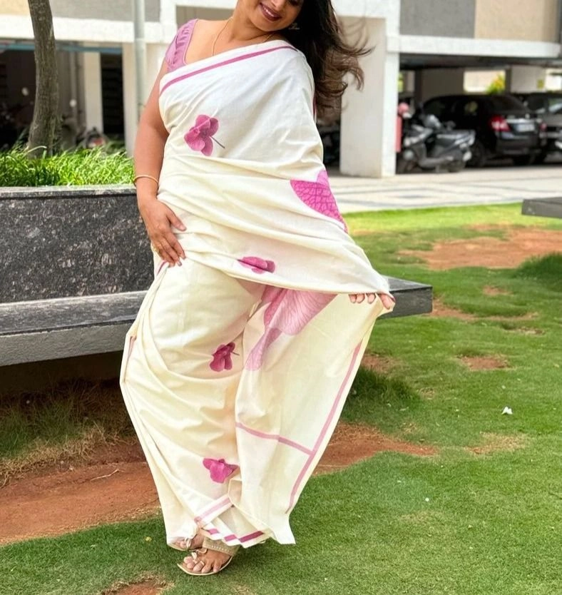 Tryloom Pink Blossom Premium Digital Printed Cotton Saree | Elegant Floral Cotton Saree | Kerala Traditional & Office Wear Collection 4