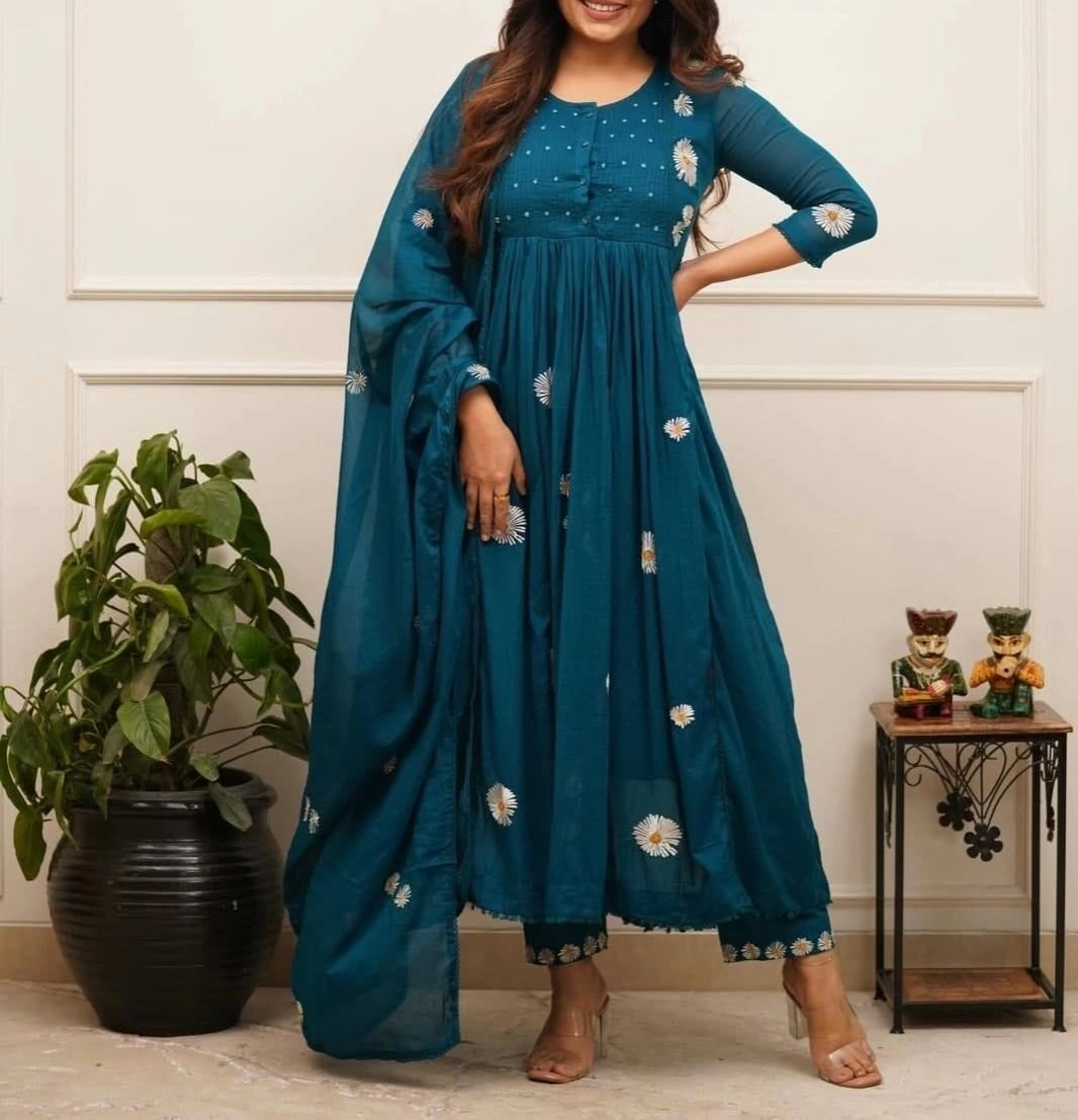 Tryloom Premium Embroidered Cotton Anarkali Kurti Pant & Dupatta Set | Designer Festive Ethnic Wear for Women 1