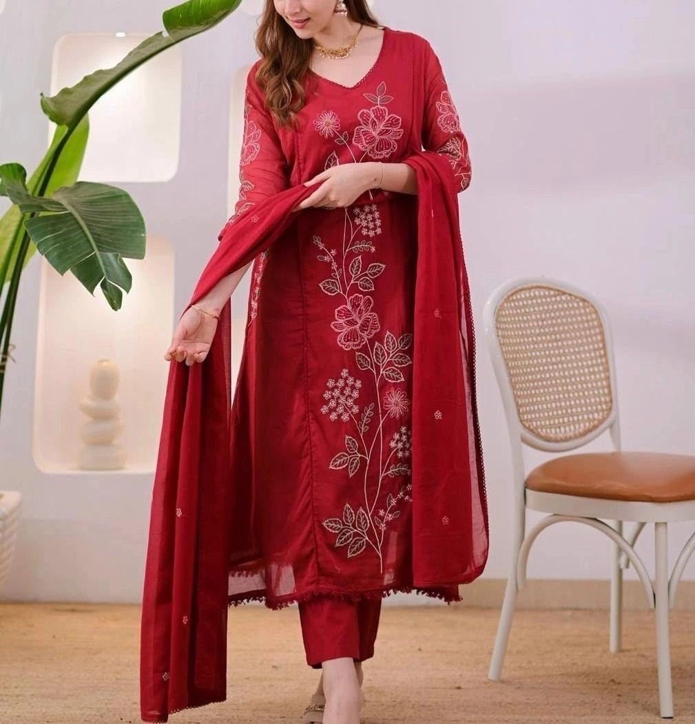 Tryloom Lover Premium Cotton Mal 3-Piece Embroidered Kurti Palazzo Set with Dupatta | Mirror Work Ethnic Wear for Women 1