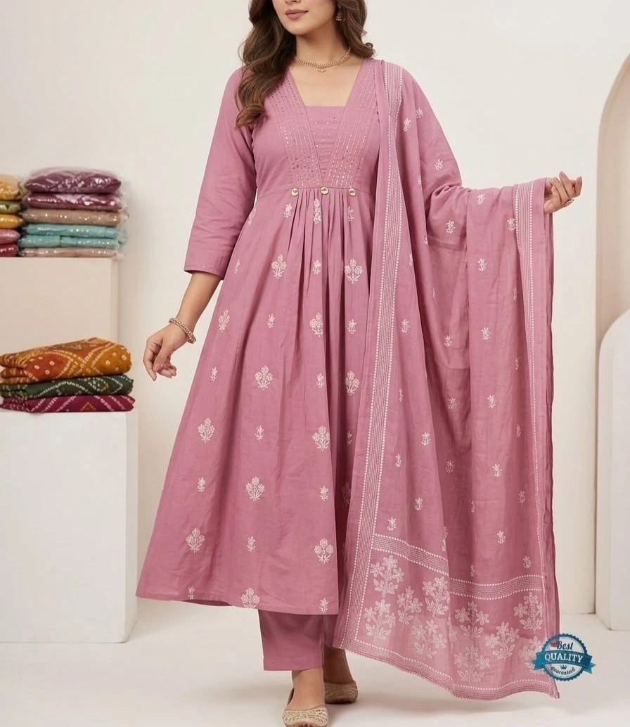 Tryloom Royal Aura Premium Cotton Anarkali Suit Set with Embroidered Yoke & Printed Dupatta | Designer Ethnic Wear for Women 1