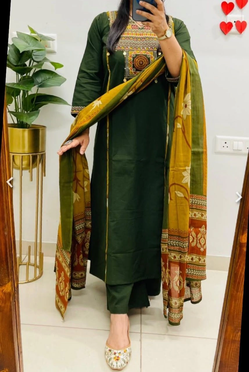 Tryloom Royal Heritage Premium Cotton Straight Kurta Pant Set with Printed Dupatta | Embroidered Ethnic Suit for Women 1
