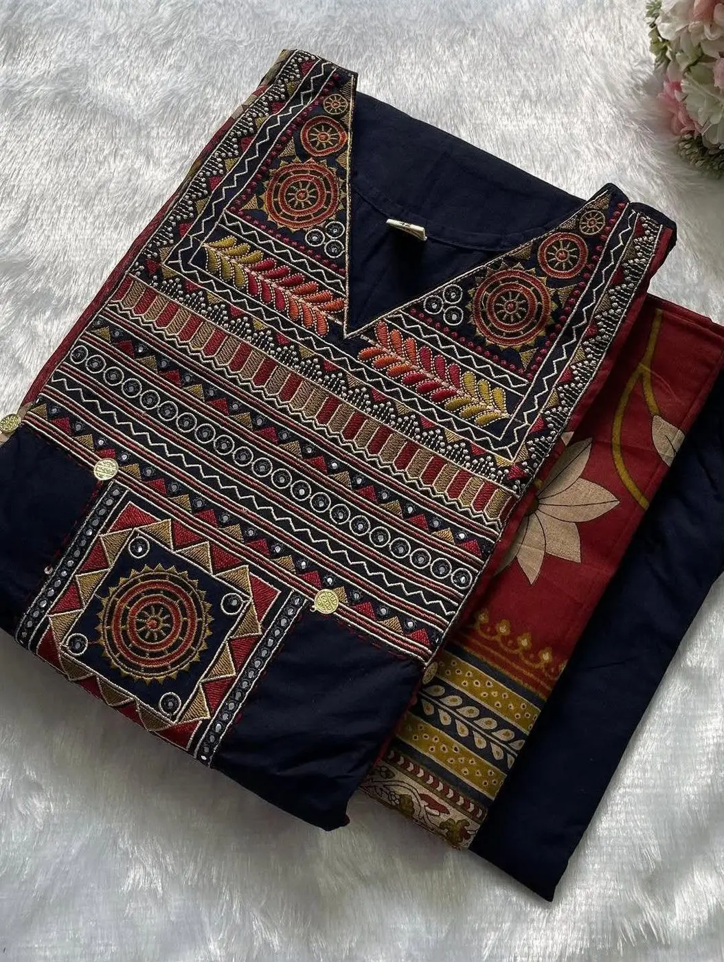 Tryloom Royal Heritage Premium Cotton Straight Kurta Pant Set with Printed Dupatta | Embroidered Ethnic Suit for Women 3