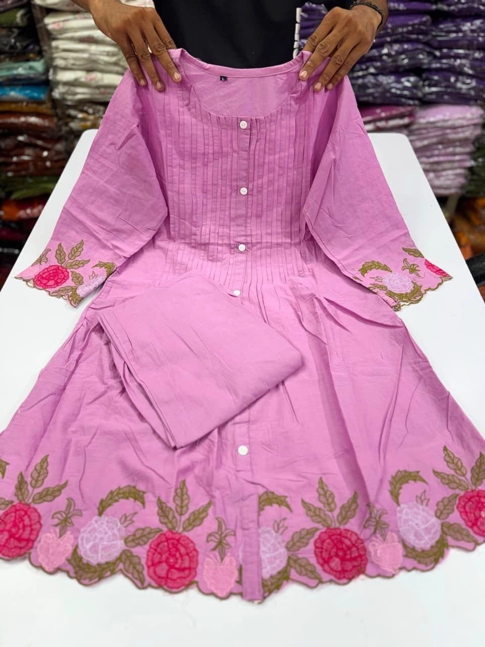 Tryloom Blossom Grace Premium Cotton Anarkali Suit Set | Embroidered Kurta Pant with Elegant Floral Detailing 2