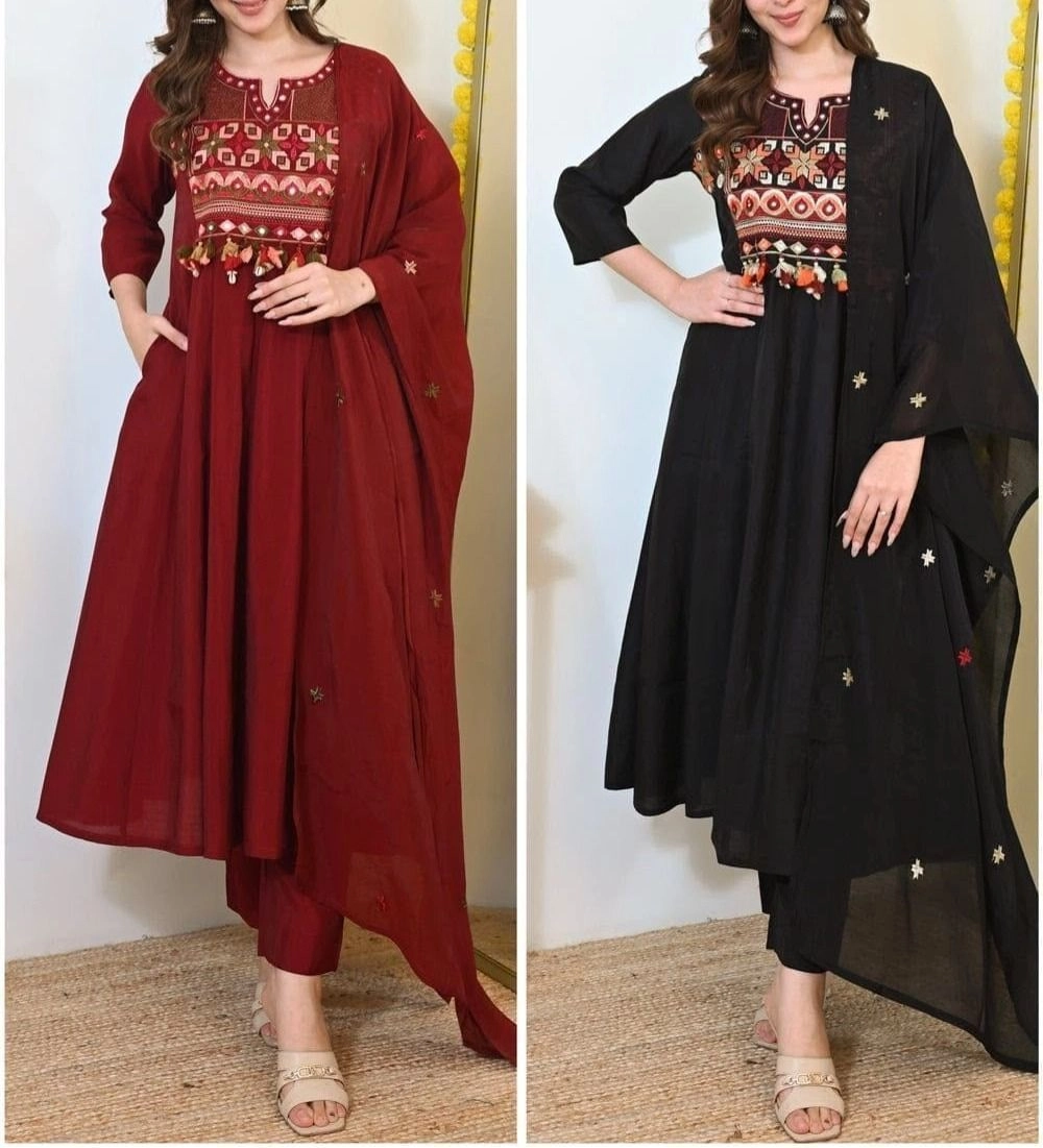Tryloom Midnight Heritage Cotton Anarkali Suit Set | Premium Embroidered Kurta Pant with Mul Cotton Dupatta 3